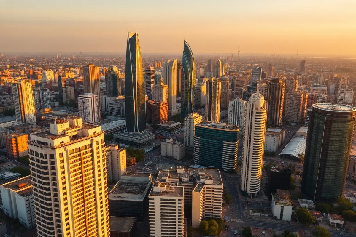 Skyline du quartier d'affaires de Lagos au coucher du soleil